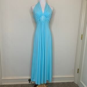 70s Vintage Custom Aqua Maxi Dress Wedding Sz Medium